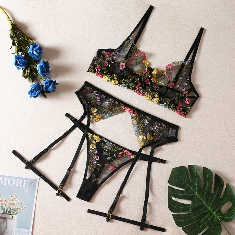 Dreamy Pleasures™ Embroidered Elegance 3-Piece Transparent Lingerie Set