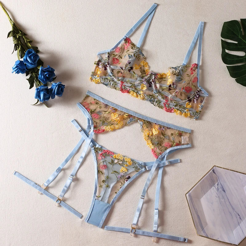 Dreamy Pleasures™ Embroidered Elegance 3-Piece Transparent Lingerie Set